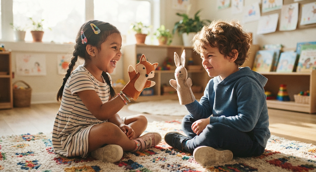 Children using puppets to practice solving a friendship problem