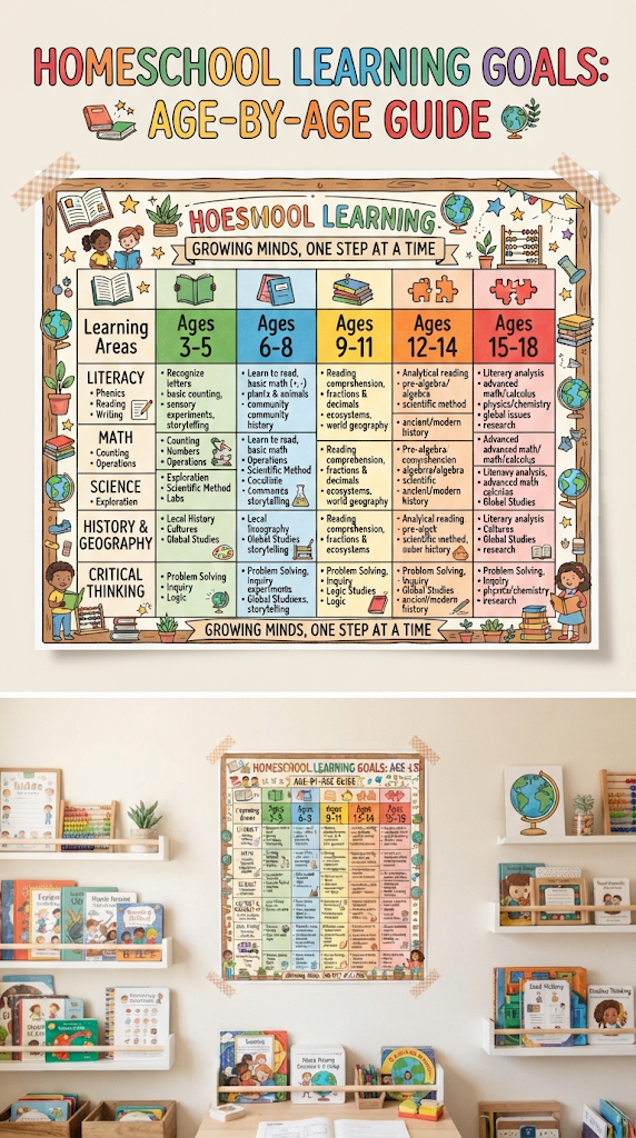 A colorful table graphic summarizing age-by-age learning goals for a homeschool wall chart.