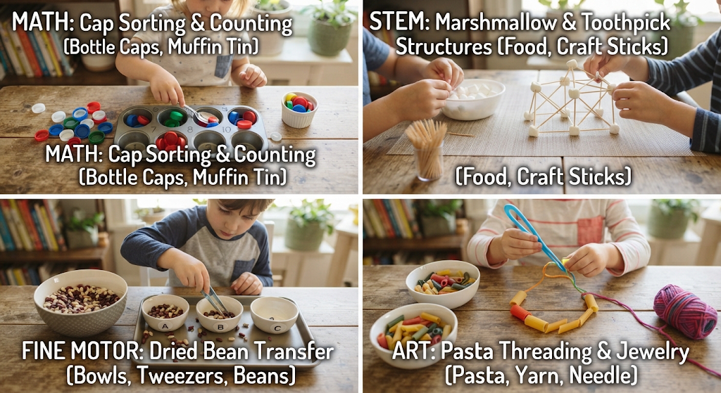  A photo collage of simple homeschool activities using household items.