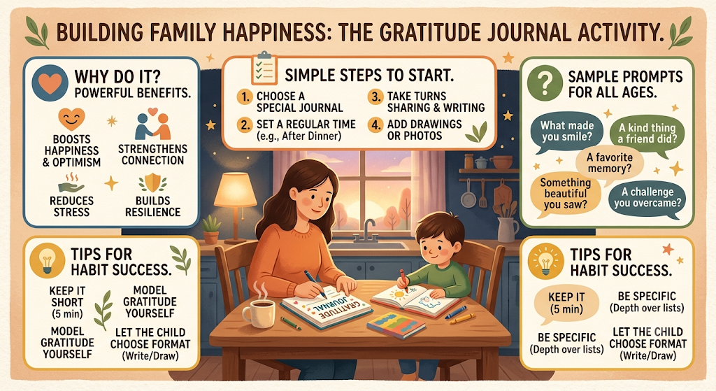 A heartwarming illustration of a parent and child sitting at a kitchen table and writing in a gratitude journal together during a social and emotional learning activity.