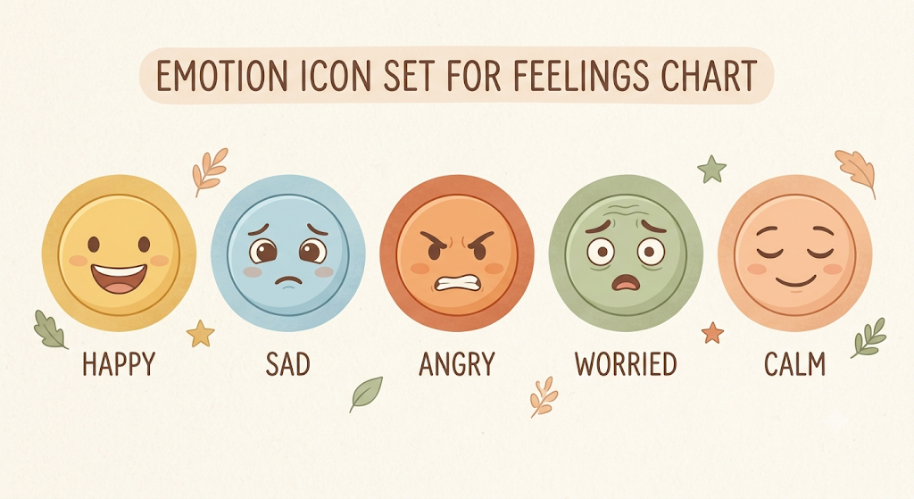 A modern flat-design icon set representing five emotions—happy, sad, angry, worried, and calm—for use in a classroom feelings chart or social and emotional learning activity.