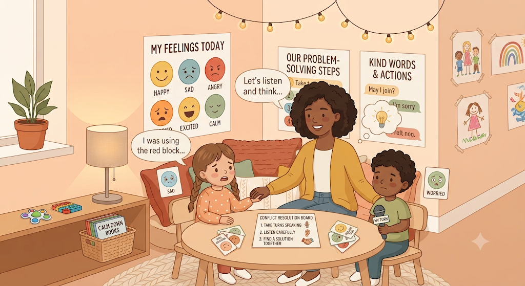 A warm illustration of two young children learning conflict-resolution skills with the support of a teacher in a preschool classroom.