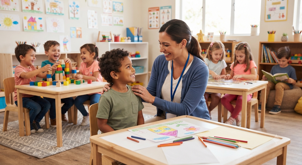 A teacher praising a child who has completed an activity, while other children work happily nearby