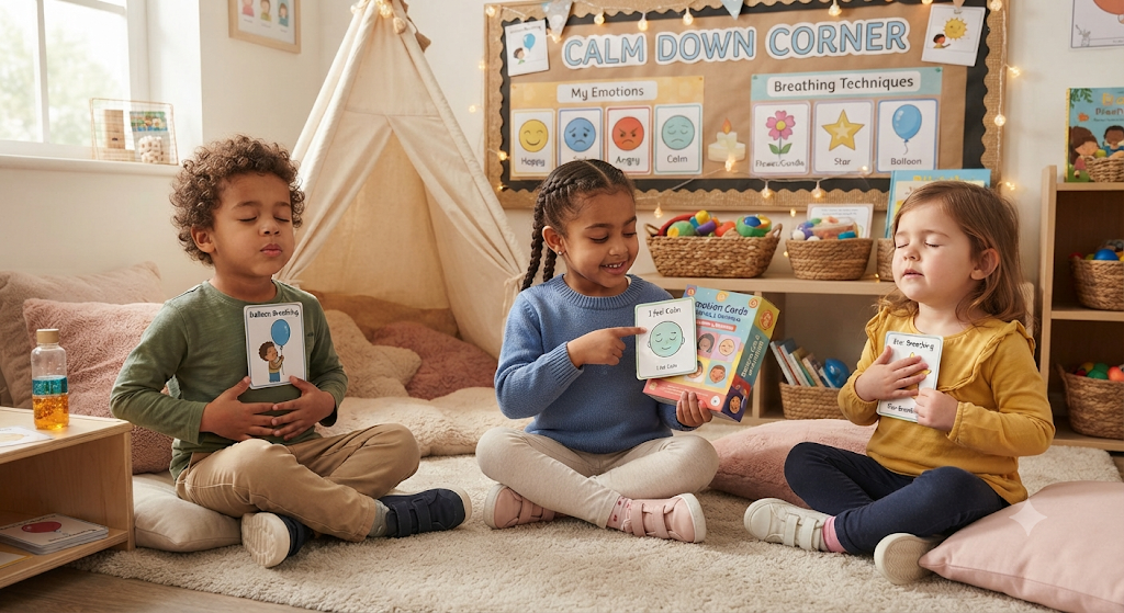 Young children using breathing exercises and emotion cards in a calming corner.