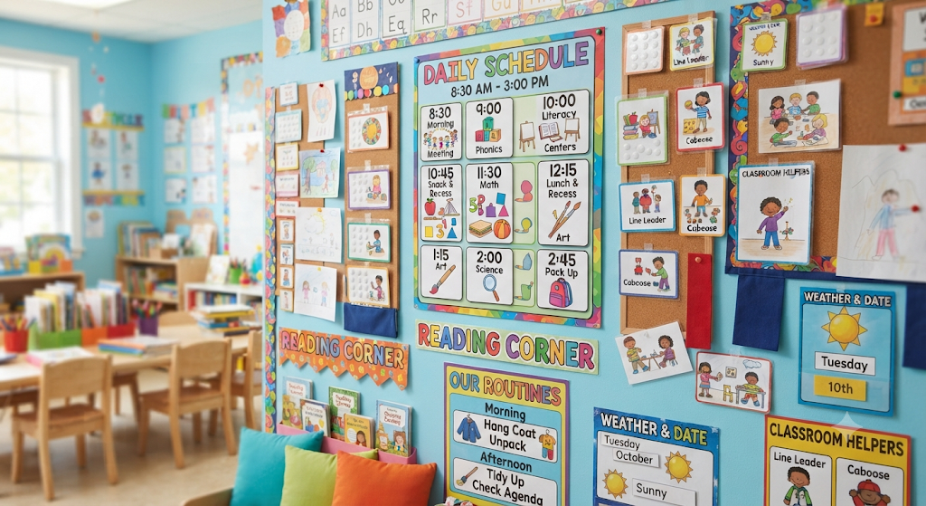 A classroom wall displaying colourful picture schedules and daily routines.