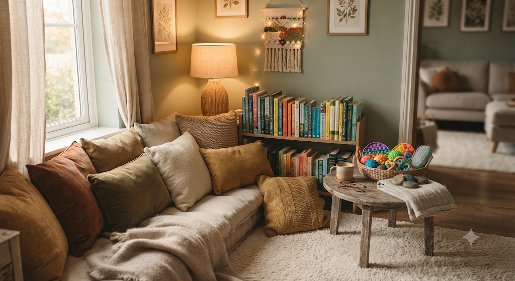 A cosy reading corner with cushions, books, sensory toys, and soft lighting.