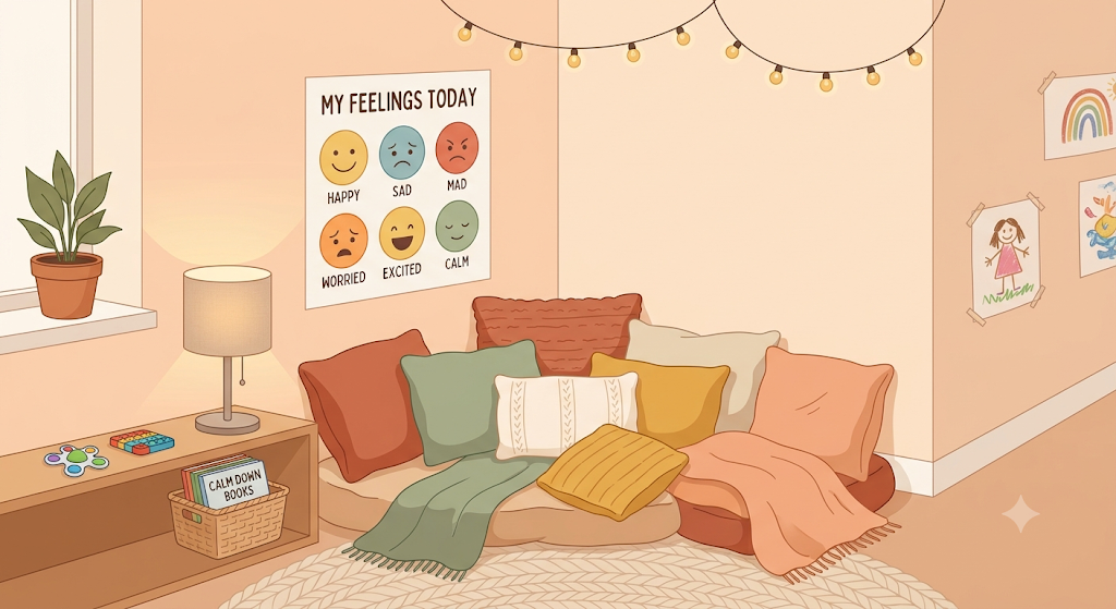 A warm, soft-toned illustration of an early childhood classroom calming corner featuring floor cushions, a feelings chart, books, sensory toys, and gentle lighting designed to support children's social and emotional development.